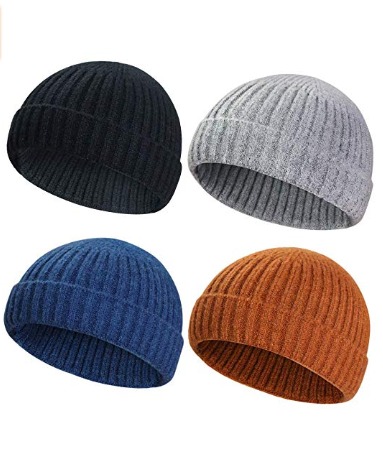 ASHILISIA 4 Pieces Wool Knit Trawler Beanie Hats, Short Fisherman Skullcap Knit Cuff Beanie Cap for Men/Women Daily Wearing