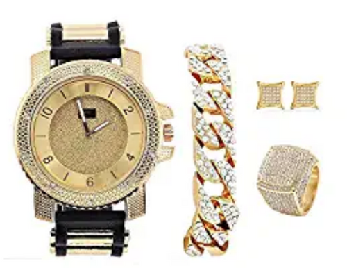 Bling-ed Out It's Lit! Hip Hop Watch & Jewerly Set w/Cuban Chain Bracelet, Kite Bling Earrings & Ring - GJM13