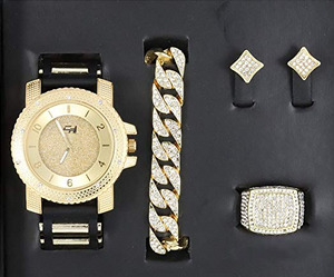 Bling-ed Out It's Lit! Hip Hop Watch & Jewerly Set w/Cuban Chain Bracelet, Kite Bling Earrings & Ring - GJM13